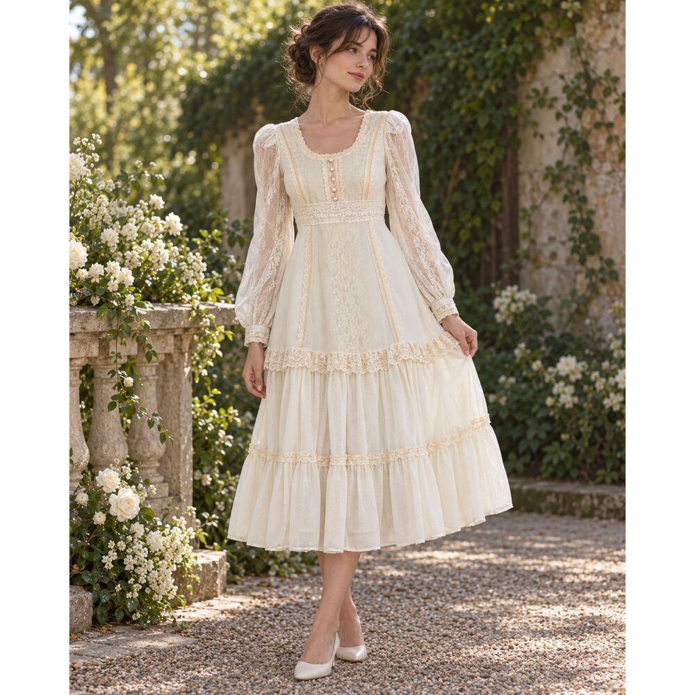 Vintage Gunne Sax by Jessica Ivory Lace Prairie Maxi Dress Romantic Victorian